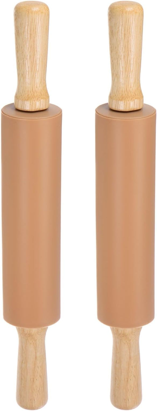 HARFINGTON 2pcs Silicone Rolling Pins for Baking 14.96 Inch Non-Stick Silicone Surface Wooden Handle Rolling Pin Small Roller Playdough Rolling Pins for Fondant Kitchen Dough Pizza, Beige