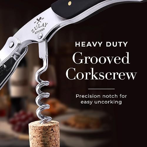 Zulay Kitchen Corkscrew Wine Opener - Premium 420 Stainless Steel & Ebony Wood Wine Bottle Opener - Double Hinged Opener with Foil Cutter & Cap Remover - Ebony Wood