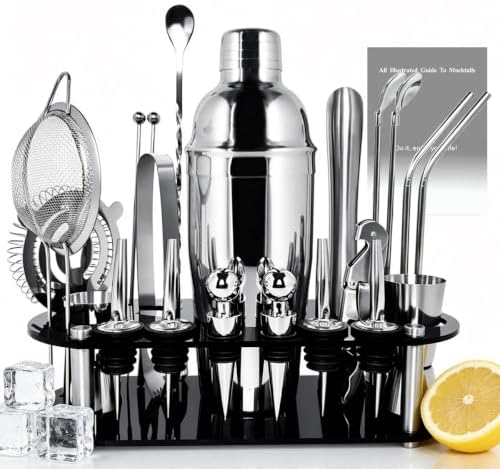 22-Piece Cocktail Shaker Set, 25oz Bartender Kit, Bartending Stainless Steel Bar Tools Sets for Drink Mixing, Cocktail Shakers with Stand Recipes Booklet (Siver 25oz)
