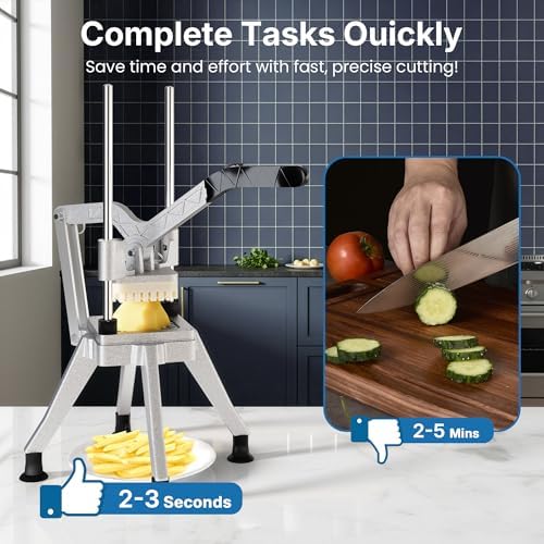 Commercial French Fry Cutter with 1/2 Inch and 3/8 Inch Blade, Heavy Duty Potato Slicer, Stainless Steel Potatoes Cutter for Restaurant & Home Kitchen