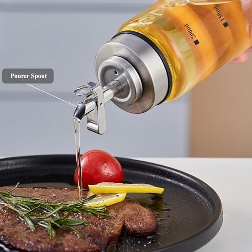 Verdental 7 oz Small Glass Oil Dispenser Bottle for Kitchen Stainless Steel Cruet Pourer Spout for Olive Oil Vinegar Coffee Syrup Soy Sauce Other Liquids with Non-slip Silicone Ring and Labels (200ml)