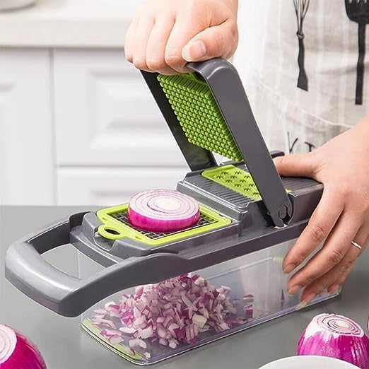 Multifunctional Vegetable Chopper and Dicer - Food Slicer With Replaceable Blades for Onions and More (Grey)