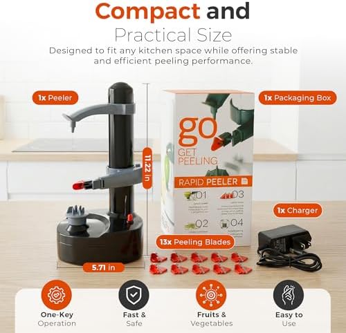 Electric Potato Peeler with 13 Blades, Automatic Rotating Vegetable & Fruit Peeler Machine, Hands-Free Peeler for Potatoes, Apples & More Kitchen Gadgets (Black)