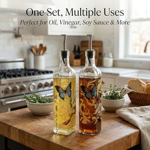 DUSVALLY 2 Pack Glass Olive Oil Dispenser, 17oz Oil & Vinegar Bottles