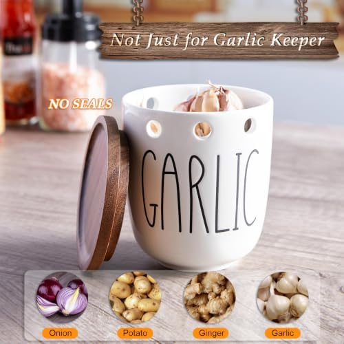 DAYYET Garlic Keeper for Counter, Ceramic Garlic Keeper with Non-Sealed Acacia Wood Lid, Garlic Holder Storage Container to Keep Your Garlic Cloves Fresh Longer, Garlic Saver for Kitchen, White