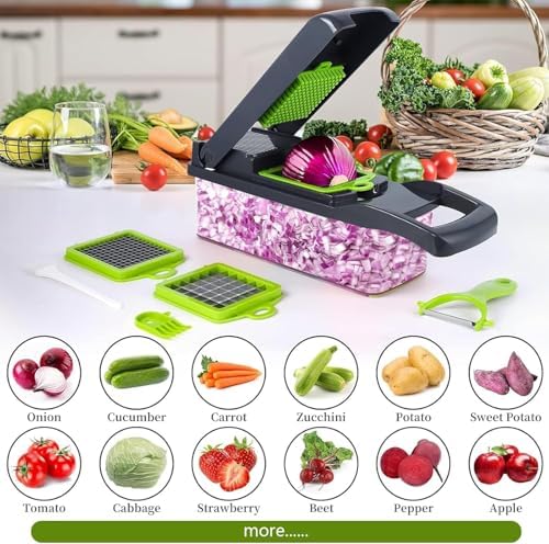 15 in 1 Vegetable Chopper- Food Chopper Onions Vegetable Slicer Dicer, Veggie, Cheese Grate Cutter with 7 Blades for Carrot Salad Garlic Potato slicer with Large Container Mandoline Kitchen Gadgets