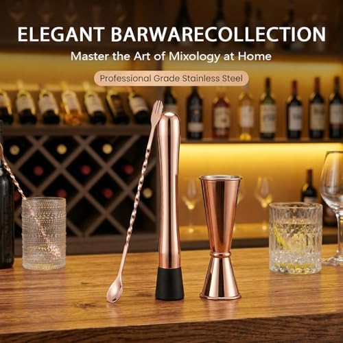 Rosegold Muddler for Cocktails, Matching Jigger and Bar Spoon with Bar Muddler - 3 Pcs Cocktail Muddler Set