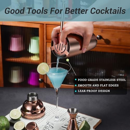 Cocktail Shaker Set Bartender Kit with Stand, 12 Piece Bar Set Drink Mixer Set with Stainless Steel Bar Accessories Tools: 25oz Martini Shaker Jigger Strainer Spoon Muddler for Cocktails (Rose Gold)