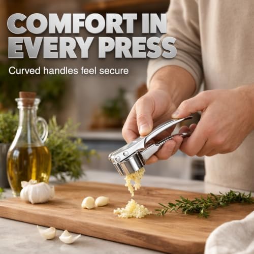 Heavy Duty Manual Garlic Press, Alloy Garlic Ginger Crusher, Easy-Squeeze Garlic Mincer with Ergonomic Handle, Easy Squeeze Kitchen Essential (Large)