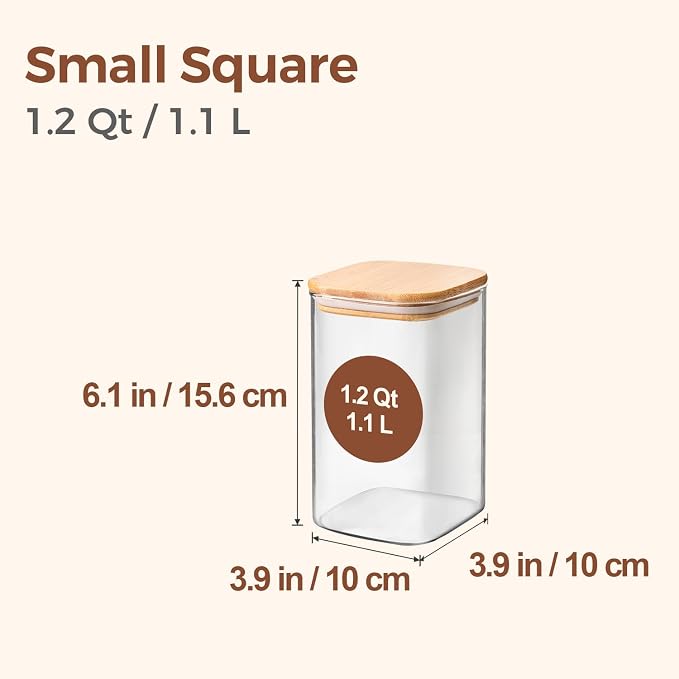 ComSaf Square Glass Containers With Lids 1.2 Qt, Set of 4 Pantry Galss Jars | Kitchen Glass Pantry Storage Containers, Storage Canisters, Silicone Seal, Dry Food, Cookie, Flour, Spice, Coffee, BPA Free