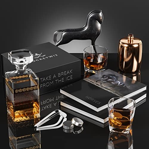 Whiskey Stone Set 7pcs | 4 Hockey Puck Whiskey Stones with Cooling Gel Interior | Hockey Stick Tongs, Elegant Glasses Gift Set | Father's Day Gift