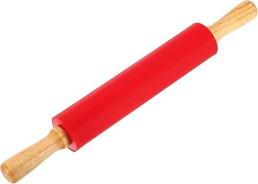 uxcell 9.6 Inch Silicone Rolling Pin, Small Dough Roller with Wood Handle for Pizza Pastry Fondant Kitchen, Red