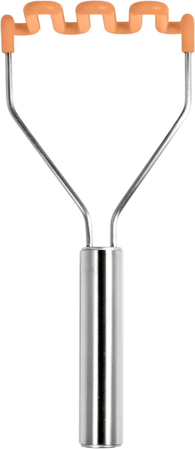 Tovolo Silicone Potato Masher Stainless Steel Handle Apricot Orange Dishwasher Safe Heat Resistant Non Scratch Handheld Coil Wire Potato Smasher for Nonstick Pans Ergonomic Kitchen Food Prep Tool