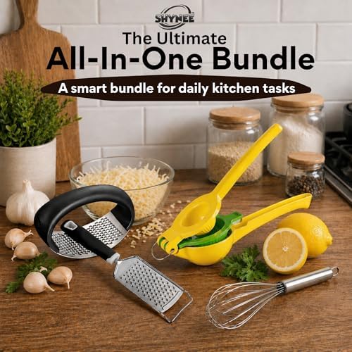 4PCs Kitchen Essentials Set – Premium Quality Lemon Squeezer, Garlic Press, Stainless Steel Whisk, Multi-Use Grater, Cheese Grater – Durable, Easy to Clean Cooking Tools Set for Everyday Meal Prep