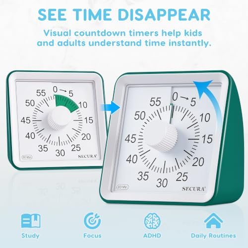 Secura Visual Timer for Kids, 60 Minute Classroom Countdown Timer for Study