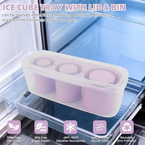 Fu Store Ice Cube Tray for Tumbler Cup 30-40 oz Tumbler 3pcs Silicone Ice Cube Molds With Lid and Bin for Chilling Cocktails Whiskey Drinks Juice Coffee Easy Fill and Release Ice Maker (Purple，40 oz)