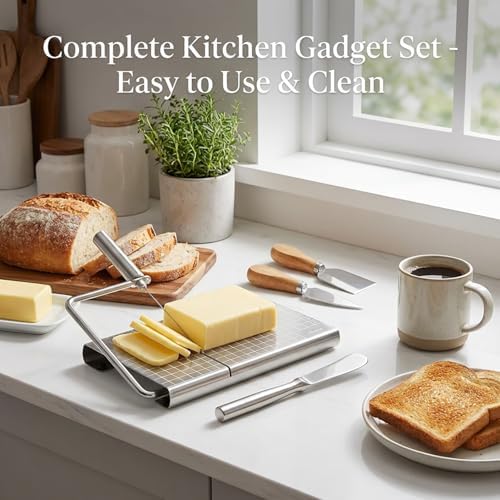 Versatile Stainless Steel Cheese Slicer with 6 Replacement Wires & Cutting Board Metal Cheese Cutter for Block Cheese Slices (Silver)
