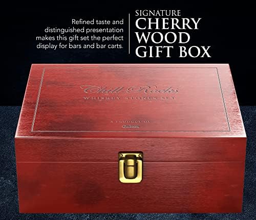 Premium Chill Rocks Whiskey Gift Set - Whisky Scotch Chilling Stones - 2 Glasses + 8 Beverage Cooling Soapstones + Stainless Steel Tongs + Velvet Storage Pouch – Luxury Wooden Gift Box - Men’s Gift