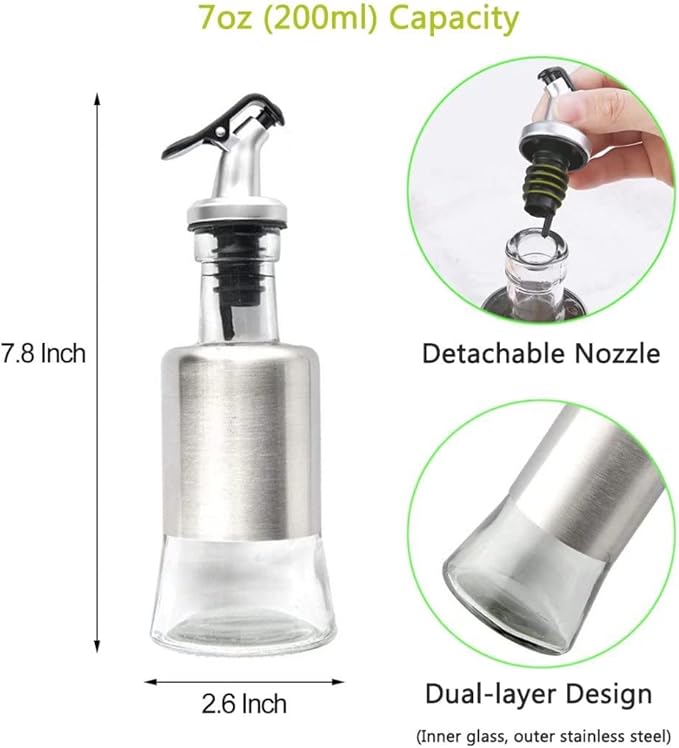 Mincham Olive Oil Dispenser Vinegar Cruet with No-drip Spout 7oz Capacity | 7oz (200ml) Capacity Glass & Stainless Steel Body