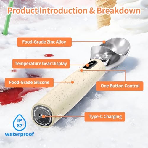 Heated Ice Cream Scoop Rechargeable, IP67 Waterproof Electric Warming Ice Cream Scooper with LED Display, Heats to 70°C for Hard Ice Cream, Easy for Seniors & Kids (Beige)
