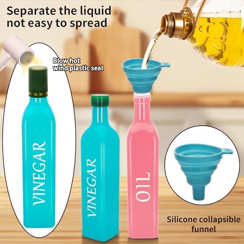 Olive Oil Dispenser Bottle,2 Pcs 17oz 500ml Glass O il and Vinegar Dispenser Set with 2 Stainless Steel Pourers, 8 Labels,Funnel Vinegar Bottles for Kitchen (Pink Oil & Turquoise Vinegar)