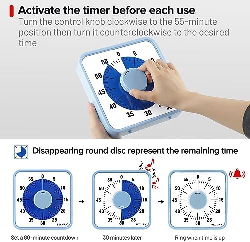 Secura 60-Minute Visual Countdown Timer, 7.5-Inch Oversize Classroom Visual Timer for Kids and Adults, Durable Mechanical Kitchen Timer Clock with Magnetic Backing (Navy Blue)