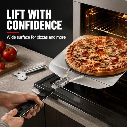 2-in-1 Stainless Steel Pizza Peel Set with Folding Handle & Multifunction Dough Cutter - Professional Pizza Shovel for Home & Outdoor Pizza Ovens, Grilling, Baking
