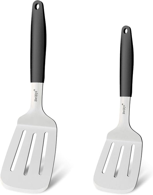 Beijiyi 2-Piece Stainless Steel Spatula Set, 13.3" & 11.3" Slotted Turner, Heavy Duty Metal Spatulas for Cast Iron Skillet and Grilling Cooking with Silicone Handle, Flipper for Steak, Burger and Eggs