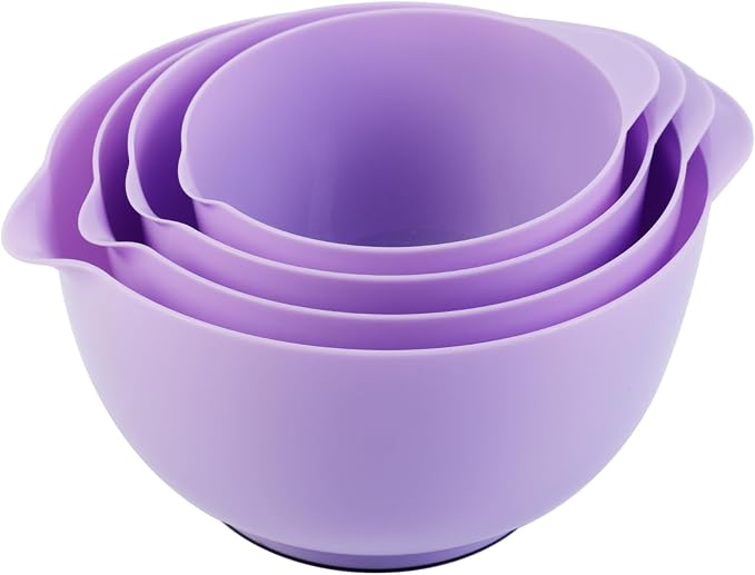 BoxedHome Mixing Bowls Set of 4, BPA Free Plastic,Microwave Safe, Purple | 4.5/3.5/2.5/1.7 quarts,Non-slip Base Large Nesting Bowl with Pour Spout, Dishwasher Safe, for Prep, Cooking,Baking