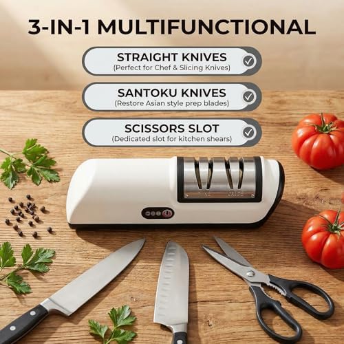 4-in-1 Knife Sharpener for Kitchen Knives & Scissors, Manual Pull-Through Sharpener with Tungsten Steel & Ceramic Slots, 3-Stage Sharpening Tool with Non-Slip Base