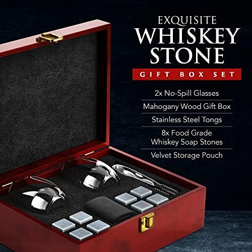 Premium Chill Rocks Whiskey Gift Set - Whisky Scotch Chilling Stones - 2 Glasses + 8 Beverage Cooling Soapstones + Stainless Steel Tongs + Velvet Storage Pouch – Luxury Wooden Gift Box - Men’s Gift
