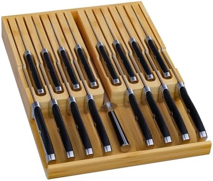 Domax Bamboo In-drawer Knife Block - Knife Drawer Organizer Insert Large Handle Steak Knife Holder, Kitchen Drawer Knife Organizer Fits for 16 knives and 1 Sharpening Steel (Not Included), Natural