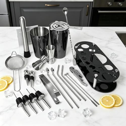 22-Piece Cocktail Shaker Set, 25/20oz Bartender Kit, Bartending Stainless Steel Bar Tools Sets for Drink Mixing, Boston Cocktail Shakers with Stand Recipes Booklet (Black-25-20oz)