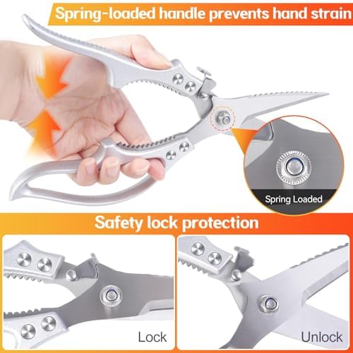 MDHAND Heavy Duty Poultry Shears, Kitchen Food Scissors All Purpose for Meat Cutting, Chicken Fish Fruit Vegetables, Dishwasher Safe Kitchen Shears with Anti-Slip Handle & Safety Lock, Spring Loaded