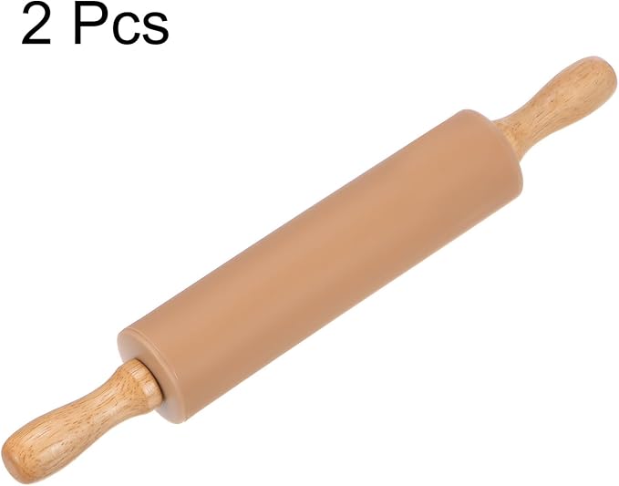 HARFINGTON 2pcs Silicone Rolling Pins for Baking 12.2 Inch Non-Stick Silicone Surface Wooden Handle Rolling Pin Small Roller Playdough Rolling Pins for Fondant Kitchen Dough Pizza, Brown