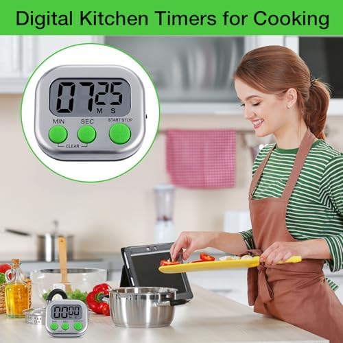Leumoi 24 Pack Multi-Function Digital Timers with Magnetic Back, Large LCD Display, Loud Alarm, Count up & Countdown, Memory Function for Cooking, Classroom, Study, Exercise & Work(Sliver and Green)