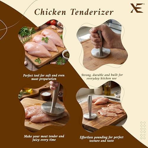 XE Meat Pounder Tenderizer - Stainless Steel 1.28 lb. Round Chicken Flattener - Easy Grip Meat Tenderizer, Hammer, Flattener, Smasher, Masher, Mallet Kitchen Tool for Cooking