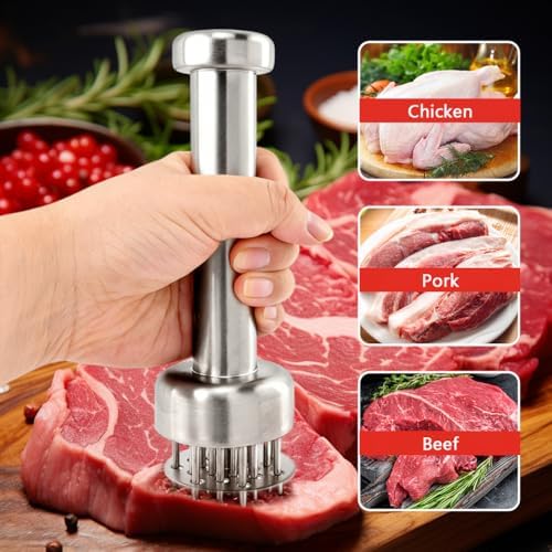 Pack of 3 Meat Tenderizer Tool with Meat Tenderizer Mallet and Cleaning brush, with 21 Needles & Retractable Safety Guard, Suitable for Tenderizing Beef, Turkey, Chicken, Steak(silver)