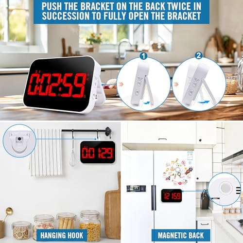 Kitchen Digital RED Timer, Count Down Up, Rechargeable, Vibration Mode Adjustable Volume and Brightness LED Display, Time Management Cook, Desk