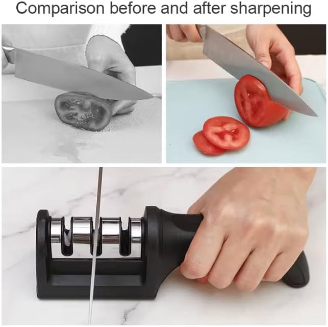 Professional 3-Stage Knife Sharpener with diamond, tungsten steel and ceramic slots. Sharpen kitchen knives, chef knives and scissors easily with this non-slip manual sharpener. (Black)