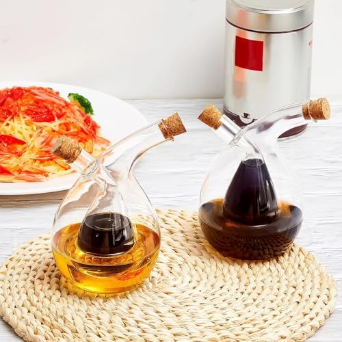 Suclain 2 Pcs Oil and Vinegar Dispenser, 2 in 1 Glass Olive Oil and Vinegar Cruet Dispenser Bottle, Olive Soy Sauce Dispenser Double Pourer Spout, Kitchen Cooking Container(Classic)