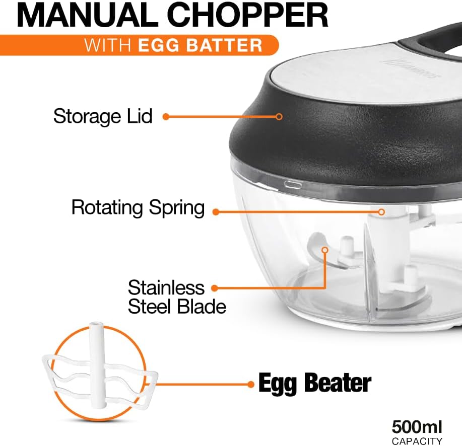 Manual Food Processor Vegetable Chopper, Portable Hand Pull String Garlic Mincer Onion Cutter for Veggies, Ginger, Fruits, Nuts, Herbs, etc., 2 Cup With Egg Batter and Garlic Peeler, W1031-1