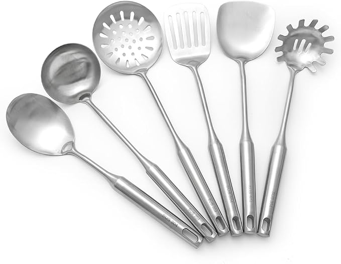 18/10 Stainless Steel Cooking Utensils Set 6 Pcs Metal Long Handle Kitchen Utensil, Spatula, Serving Soup spoon, Leaking shovel, Pasta Spoon Kitchen Tools Set (6 Pieces Set)