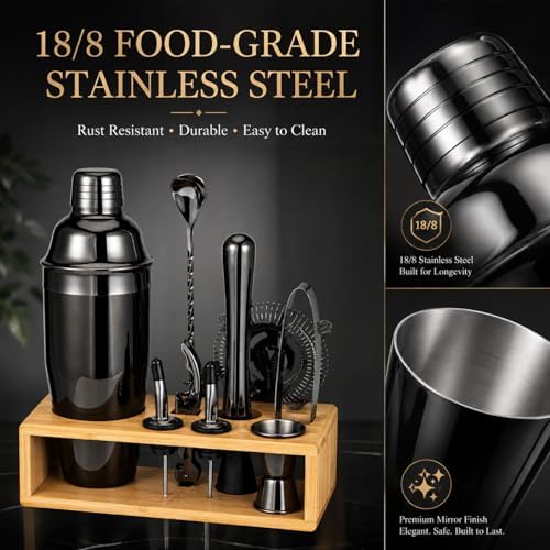 Black Cocktail Shaker Set, Premium 18/8 Stainless Steel Mixology Bartender Kit with Stylish Bamboo Stand 10-Piece Bar Tools & Accessories for Home Bar for Men, Dad, Husband