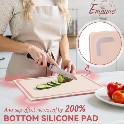 Empune 3-Piece Plastic Cutting Boards for Kitchen - Thick & Non-Slip Chopping Board Set with Juice Grooves, Dishwasher Safe, BPA Free, Includes Large & Small Sizes, Pink