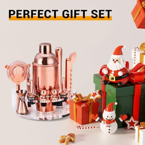 Bartender Kit Cocktail Shaker Set, Stainless Steel Cocktail Kit with 12 Piece Bar Accessories, 25oz Shaker Bar Set Drink Mixer Set with Stand Jigger Strainer Spoon Muddler for Cocktails (Rose Gold)