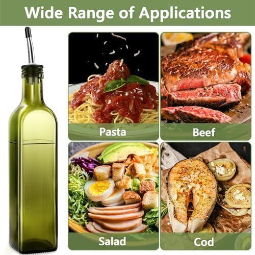 Leaflai Olive Oil Dispenser Bottle, 1 Pcs Green Glass Olive Oil Dispenser and Vinegar Dispenser Set with 2 Stainless Steel Pourers, 2 Labels,1 Brush and 1 Funnel Oil Bottles for Kitchen (500ml)