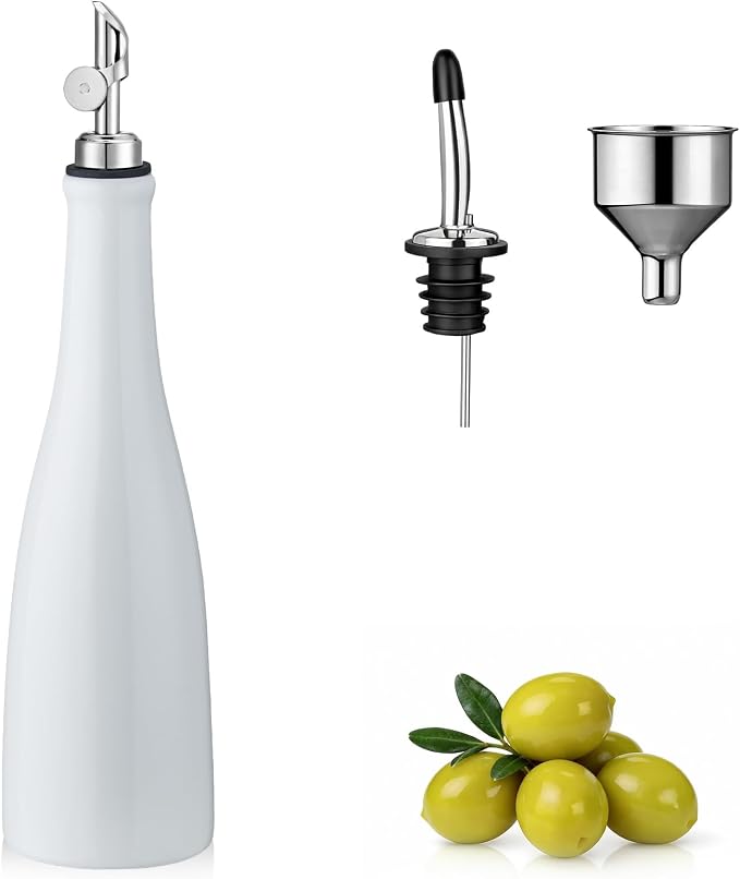 YOLIFE Olive Oil Dispenser Bottle, 17oz/500ml Ceramic Oil Bottle (White) | Oil Dispenser with Gravity Spout, Leak Proof EVOO Dispensing Bottle with 2 Spouts and 1 Funnel for Vinegar, Kitchen