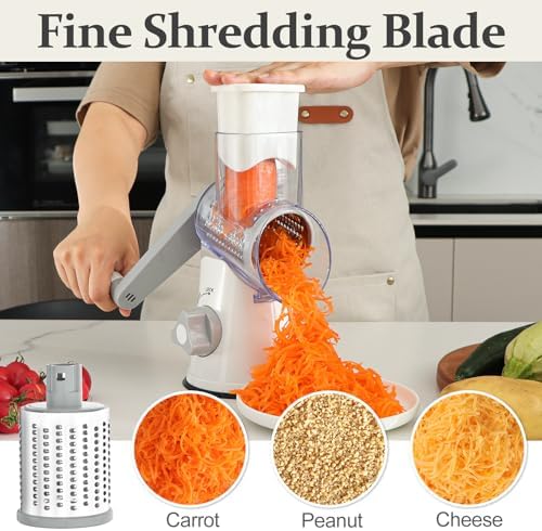 Cambom Rotary Cheese Grater Hand Crank Cheese Shredder for Fresh Cheese, Vegetable, Nuts,Non-slip Suction Base, Five Blades, White (Pack of 2)