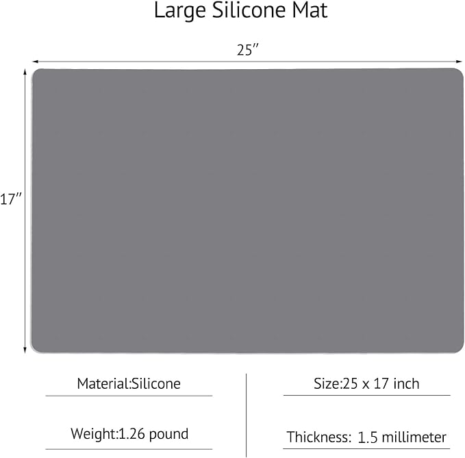 Silicone Mats for Kitchen Counter, Thicker 0.06", 25 x 17 inches Multipurpose Table Mat, Silicone Pad Desk Work Mat, Nonstick Nonskid Heat-Resistant Pad, Placemat, Dark Gray